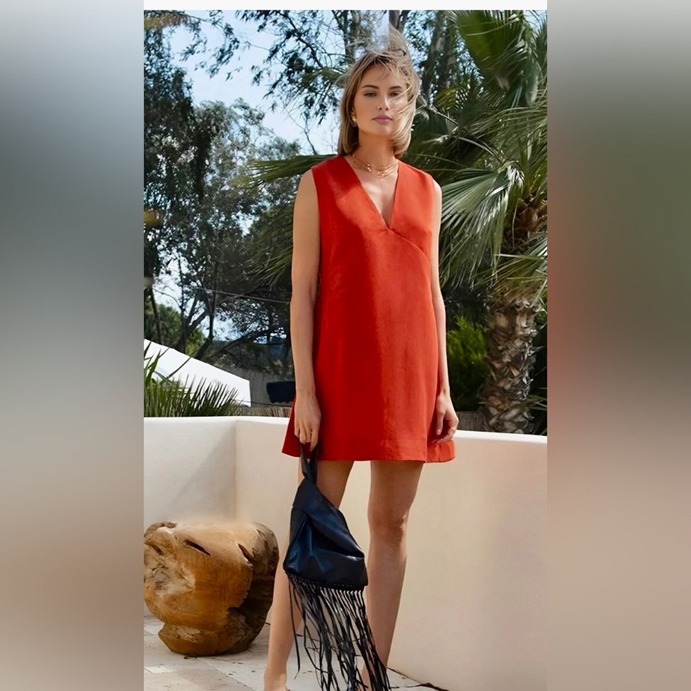 Commense Vibrant Red-Orange V-Neck Dress Size XL Cotton & Linen